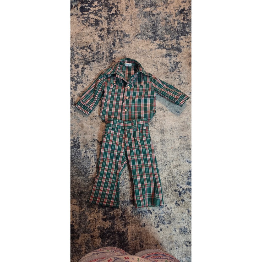 Vintage Billy the Kid Plaid 2 Piece Shirt and Pants Set Green Red 2T